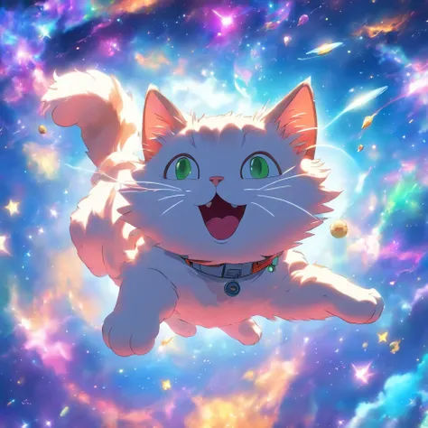 A cat floating in space with a float