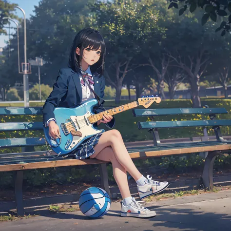 Masterpiece, high resolution, cinematic lighting, park overlooking the harbor, alone, high school girl sitting on a bench and playing electric guitar (light blue Fender Stratocaster), beautiful girl, black hair, short bob, high school uniform (dark blue) b...