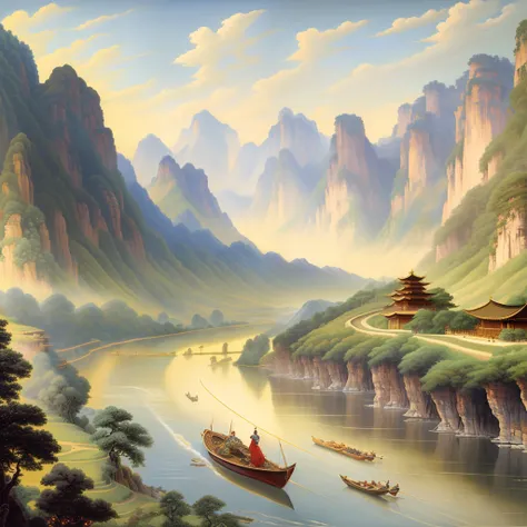 Ancient landscape painting，Mountains in front，Behind is a beautiful meandering green river，evening light，Flying birds，There is a wooden boat on the Green River，On the wooden boat is the back of a man playing a guzheng，Extremely clear details of old paper，H...