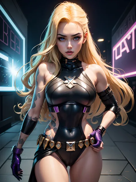 In New York, time squarea, Gorgeous woman, 25 years old, Estilo Cristal (Dazzler in English) is a fictional character from Marvel Comics, associated with the X-Men group, wearing a black tight-fitting X-Men style jumpsuit, belt with x x-men, long blonde ha...