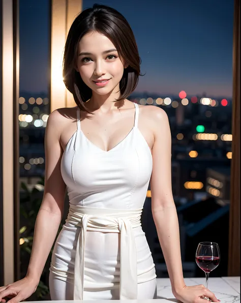 (64K, UHD, top quality, masterpiece: 1.2), (realistic, photorealistic: 1.37), super detailed, pretty woman 1 person, (slim face), (slim body), (brown hair), (short cut), cheeks slightly blushing, (44 years old), 38 years old, solo, beautiful detailed urban...