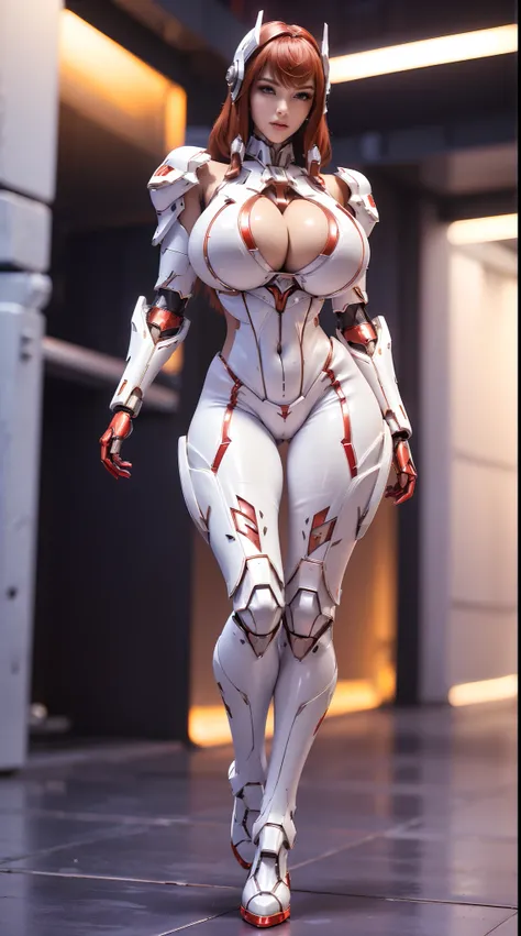 (1GIRL, SOLO), (super detailed face), (mecha headwear:1), (BIG BUTTOCKS, 11 LINE ABS, HUGE BOOBS:1.4), (MECHA GUARD ARM:1.3), (RED,WHITE, SHINY MECHA CYBER ARMORED SUIT, CLEAVAGE, MECHA SKINTIGHT SUIT PANTS, DIAMOND CORE IN ARMOR, MECHA GUARD ARMOR LEGS, H...