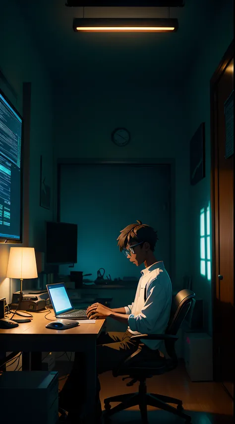 a nerdy boy is programming at a computer in a room full of gadgets, by makoto shinkai and ghibli studio, dramatic lighting, highly detailed, incredible quality, dark skin, Tapered Fade