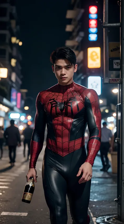 (highres:1.2)Si spiderman, (the stomach is big)malaki ang tyan,(holding a bottle of alcohol) may hawak na alak, (walking on the street)naglalakad sa kalsada, (dark surroundings)madilim ang paligid, at (slightly illuminated by a post light)may konting ilaw ...