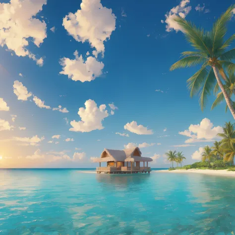 (high-res,best quality:1.2),detailed illustration,house on a small island in the middle of the sea,detailed waves,calm ocean,beautiful sunset,palm trees with coconuts,seagulls flying,clear blue sky,soft lighting,sand beach,reflection on the water,serene at...