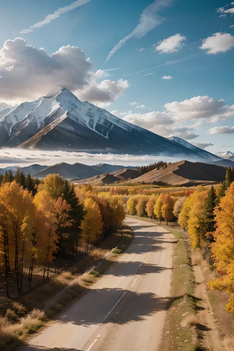 tmasterpiece，Ultimate quality，CG unity 8k wallpaper，Super delicate，Beautiful skies and clouds，Rich natural scenery，Autumn in Xinjiang，highways，Birch forest，snow mountains