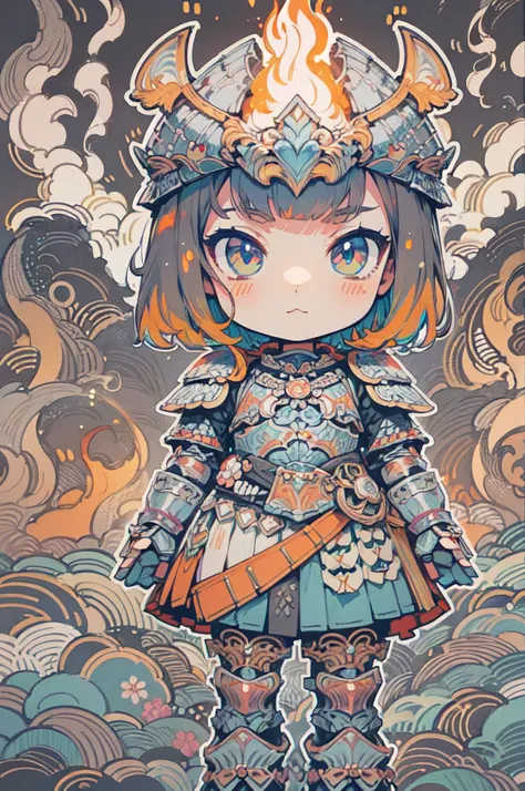 (Iridescent Zentangle)Japan armor emerging from the smoke. Japan armor is facing each other in front and behind. The frontal armor is designed to resemble a splash, And the armor on the back is designed to resemble a flame.(Artfully drawn)(Chibi Girl) (Sim...