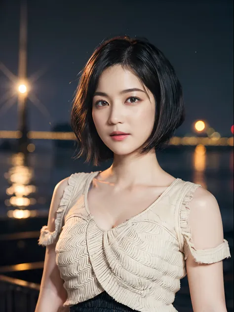 44
(Airy wavy short bob cut:1.46), (a 25yo woman), (A hyper-realistic), (Masterpiece), (8KUHD), Naval port at night, Military uniform without wrinkles, (warships), breast