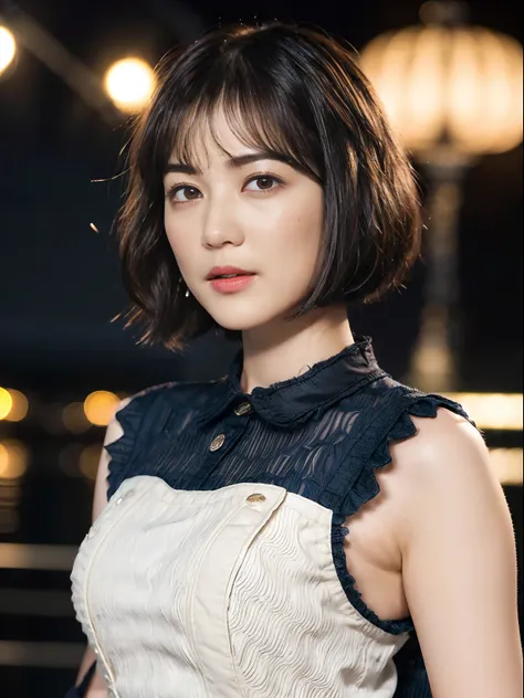 44
(Airy wavy short bob cut:1.46), (a 25yo woman), (A hyper-realistic), (Masterpiece), (8KUHD), Naval port at night, Military uniform without wrinkles, (warships), breast