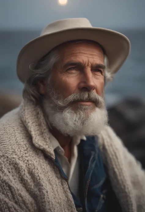 face portrait of an rugged (old fisherman:1.3), (face focus:1.5), (storm:1.2), (waves:1.3), ocean, (lighthouse background:1.3), (cowboy shot:1.4), (white turtleneck knitted sweater:1.3), looking at viewer, realistic, masterpiece, highest quality, backlight...