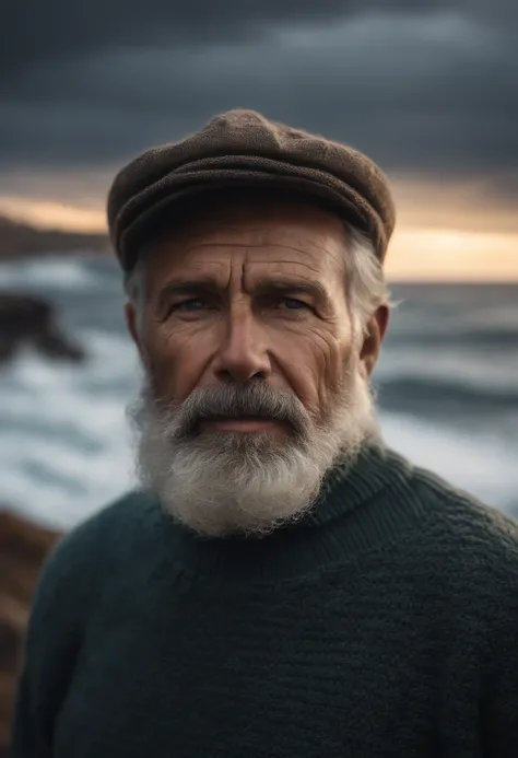 face portrait of an rugged (old fisherman:1.3), (face focus:1.5), (storm:1.2), (waves:1.3), ocean, (lighthouse background:1.3), (cowboy shot:1.4), (white turtleneck knitted sweater:1.3), looking at viewer, realistic, masterpiece, highest quality, backlight...