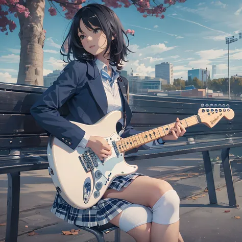 masutepiece, High resolution, Cinematic lighting, Park overlooking the harbor, Alone, High school girl sitting on bench playing electric guitar (Light Blue Fender Stratocaster), Beautiful Girl, Black hair, a short bob, High School Uniform (Dark blue) Blaze...