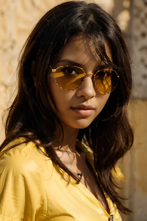 Black Girl Black Sunglasses Detailed Texture Of Skin And Eye Hair And Hair Yellow Blouse Red Background With Light