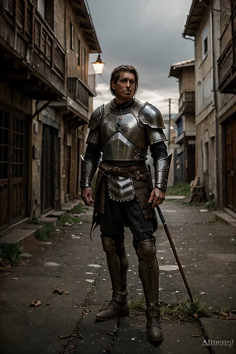 Humanity，Medieval Warrior，Put on simple tattered light armor，With a worn-out stick，Stand in a gray environment，down and out