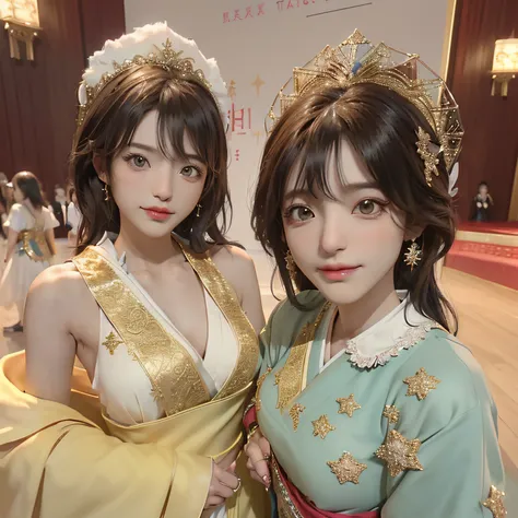 ​masterpiece、hightquality、(AKB48 costumes:1.5), 2 girls, 17 age, Beautiful breasts, Beautiful , .。.。.。.。.3D、8K CG、intricate detailes、细致背景、Sacred。ornament detached, Dylan Kowalski,、hair adornments、