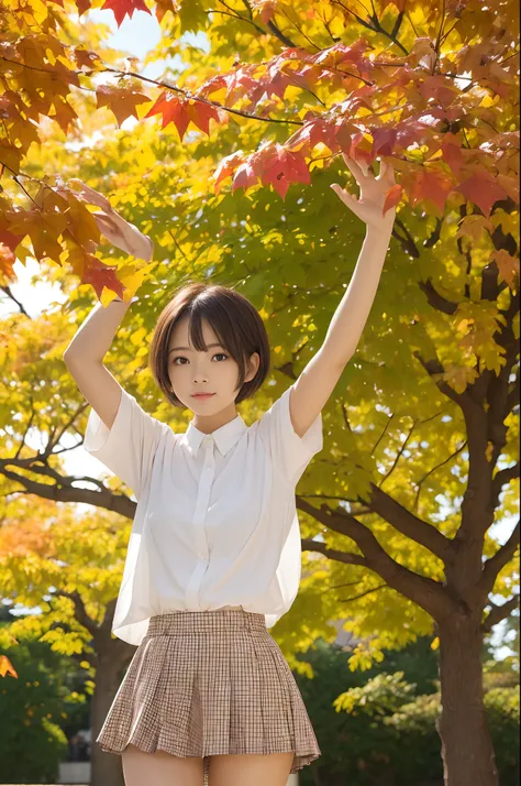 (((nffsw))), (((masutepiece))), (((8K))), (((hight resolution))), (((photographrealistic))), god rays, Zoom Layer, (((FULL BODYSHOT))), F/4.0, canon, Shiny skin,Detailed skin,Detailed face, Detailed eyes, 13-year-old Japan female idol, A tree with autumn l...