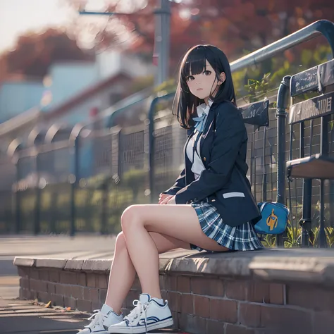 masutepiece, High resolution, Cinematic lighting, Park overlooking the harbor, Alone, High school girl sitting on bench playing electric guitar (Light Blue Fender Stratocaster), Beautiful Girl, Black hair, a short bob, High School Uniform (Dark blue) Blaze...