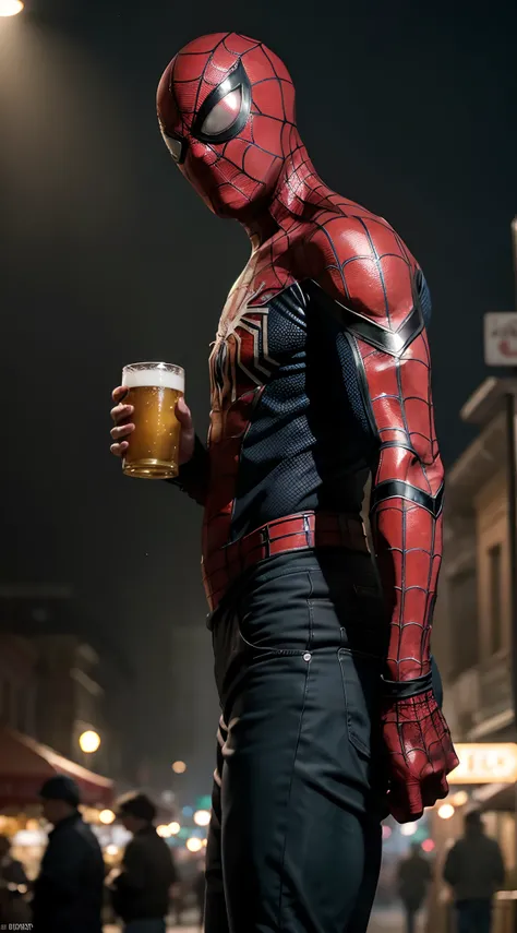 (best quality,ultra-detailed,realistic:1.37),spiderman holding a beer,drinking alcohol,walking in a marketplace,at a big belly,with no mask,in a dark surrounding,with a little light on the post,with fog in the background.