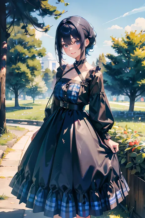 a 20 yo woman、Black blue Hair、Twin-tailed、Big smile、Blue gingham check dress、full body Esbian、(hi-top fade:1.3)、dark themed、Muted Tones、Subdued Color、highly contrast、Green meadow background、Have autumn fruits、apple、(natural skin textures、Hyper-Realism、Soft...