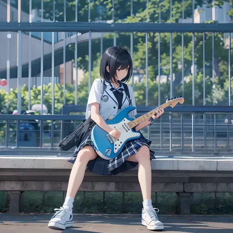 masutepiece, High resolution, Cinematic lighting, Park overlooking the harbor, Alone, High school girl sitting on bench playing electric guitar (Light Blue Fender Stratocaster), Beautiful Girl, Black hair, a short bob, High School Uniform (Dark blue) Blaze...