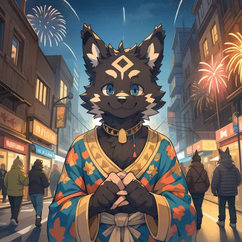 top-quality，best qualityer，rzminjourney，vectorial art，High quality illustrationtiz，tmasterpiece）（ancient wear，furry anthro），round form，Bust，the street，(Boy black humanoid dog:1.2), smiling warmly，Hold hands behind you，Flashing friendly peace signs，Super de...