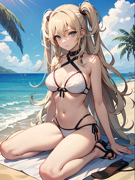 ((Best Quality)), (ultra-detailliert), ((Extremely detailed)), (Beautiful), ((Kawaii Girl)),(two side up hair)、((masutepiece)),Platinum Blonde Hair,Long hair, hair between eye, Wavy Hair, Long sideburns,Jade-colored eyes, White skin,Normal Chest,Slender bo...