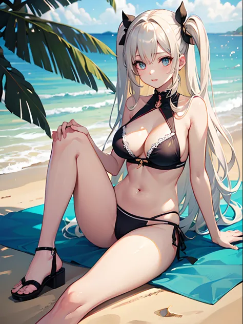 ((Best Quality)), (ultra-detailliert), ((Extremely detailed)), (Beautiful), ((Kawaii Girl)),(two side up hair)、((masutepiece)),Platinum Blonde Hair,Long hair, hair between eye, Wavy Hair, Long sideburns,Jade-colored eyes, White skin,Normal Chest,Slender bo...