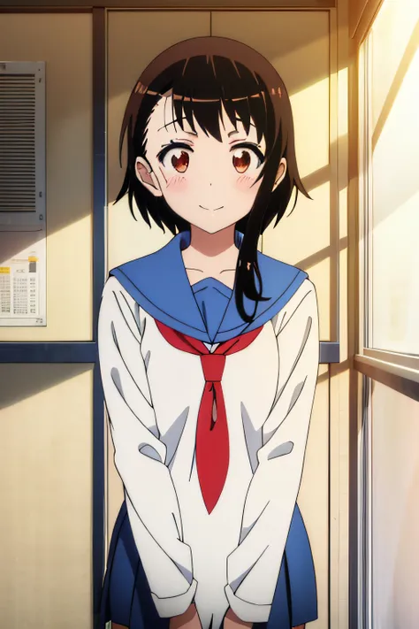 ‎classroom、a sailor suit、sunlight shines in、looking here and standing、touching hair、smiling with troubled eyebrows、red blush、