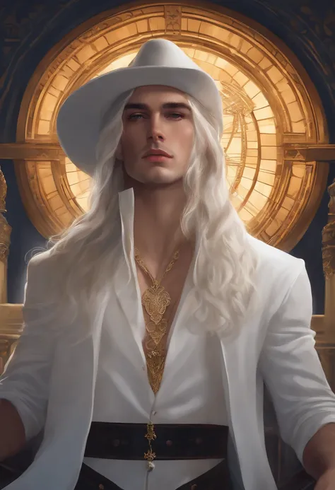 masutepiece, Highest Quality, Solo Focus, (Perfect face:1.1), (high detailing:1.1),Dramatic, 1guy, (pale skin), long voluminous braided white hair,, White eyes, Solo, Long hair, Moon, Night, white luxury suit, White fedora hat, Covered navel, Pouty lips, C...