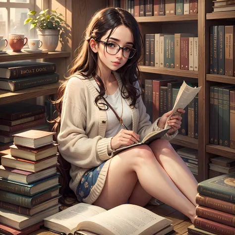 bookworm surrounded by books, holding a cup of coffee. --auto --s2