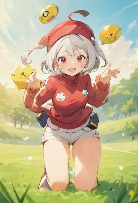 ​masterpiece, top-quality, Hi-Res, 1girl in,Schisol behind the girl, 独奏, grey  eyes, white  hair, White shorts, Red Cap Cap, Beanie, Red knitted turtleneck with long sleeves,poneyTail, Short shorts, a belt, cowboy  shot, Grassy, deph of field, The best smi...