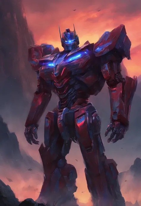 Optimus Prime, sci-fi, dark, wearing iron man suit, biomechanical design, eerie atmosphere, lush alien landscape, vibrant flora, mysterious rock formations, atmospheric lighting, mountains, ethereal mist, distant alien sky, captivating celestial bodies