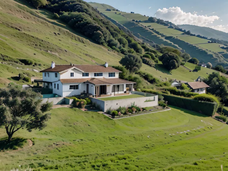 Image of house on a green hillside and hills behind, com piscona na lateral e uma escarpa para o mar no outro lado, ao fim do dia e com ligeira nebelina