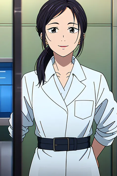 solo, upper body, facing viewer, looking at viewer, smile, USAKOKURASHIKI, 1WOMAN, PONYTAIL, SHIRT, LAB COAT, SLEEVES ROLLED UP, BELT, PANTS.