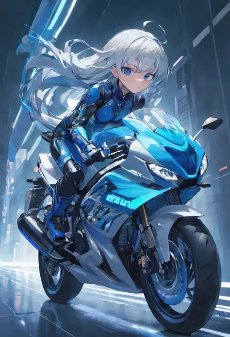 Closeup of white motorcycle with blue and black design, futuristic suzuki, with sleek lines and a powerful, kawasaki, motor cycle, white, Motorcycles, Riding, motorbike, glossy white armor, White background, Blue, yoshimura exhaust, nighttime scene