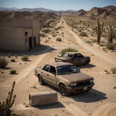 Imagine a deserted city overrun with zombies and abandoned cars,sunny weather,vent favorable, High definition 8k,Ultra detailed,A good desert view