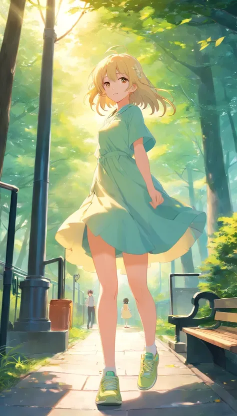 best qualtiy， tmasterpiece， 超高分辨率， realisticlying， 1 girl， long  white hair，Heterochromic pupils，Long legs，（shift dresses），cheerfulness，Light yellow tube stockings，Light yellow sneakers，Swing in the park，wide angles