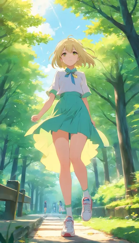 best qualtiy， tmasterpiece， 超高分辨率， realisticlying， 1 girl， long  white hair，Heterochromic pupils，Long legs，（shift dresses），cheerfulness，Light yellow tube stockings，Light yellow sneakers，Swing in the park，wide angles