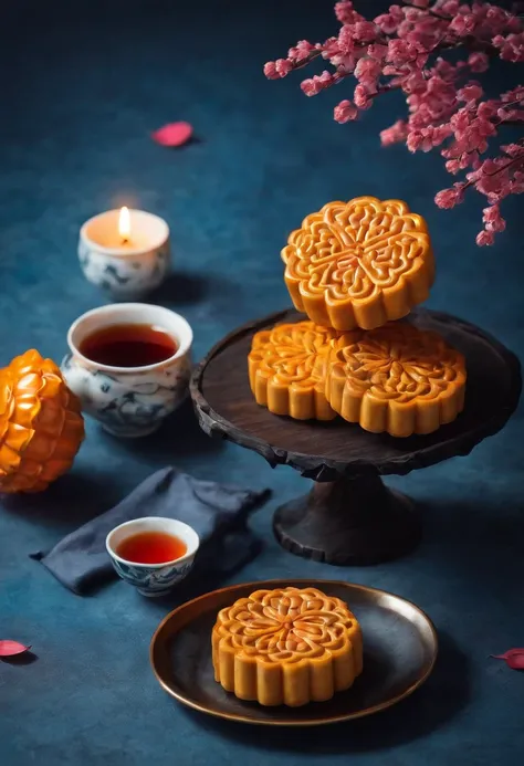 Masterpiece, Mid-Autumn Festival，delicacies{{Moon cake}}，Tea，Full moon in the distance，Background of blue gradient，Anatomically correct，High quality, Best quality, A high resolution, chinese background