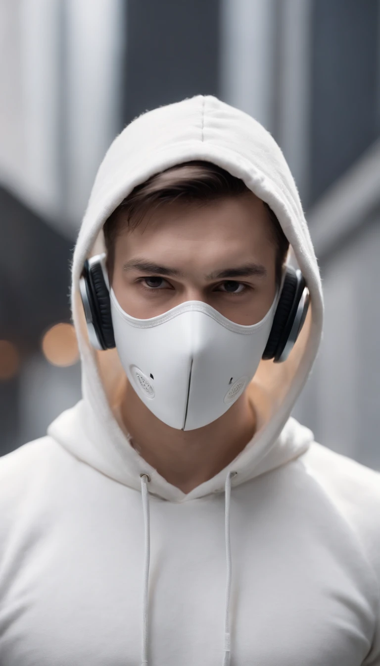 Against a dark and foreboding background, a figure stands in a sidepose, his white hoodie and mask making him almost blend into the shadows. But his headphones and handsome features give him away, as he stands lost in his own world.