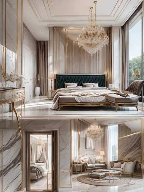 (best quality,4k,highres), modern contemporary furniture, spacious bed room, floor-to-ceiling windows, marble flooring, elegant chandeliers, minimalist decor, neutral color palette, natural light, luxurious master bedroom with ensuite bathroom, walk-in clo...