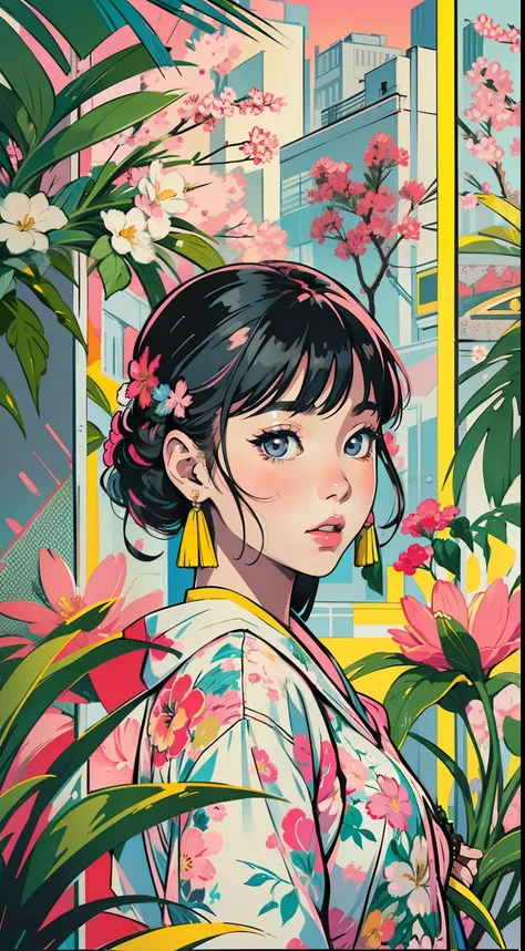 Create digital artwork in pop art, Featuring a bright and confident young asian girl，Street fashion, Movie Color Scheme, Surrounded by vintage floral motifs, Bright brush strokes,Emotions should be dynamic, upper-body, Drawing, illustartion, Grayscale, tro...