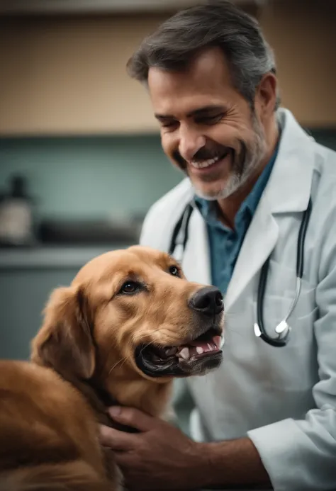 Veterinario mirando los dientes de un cachorro. The vet is in his 40s and smiling. El fondo de una consulta veterinaria