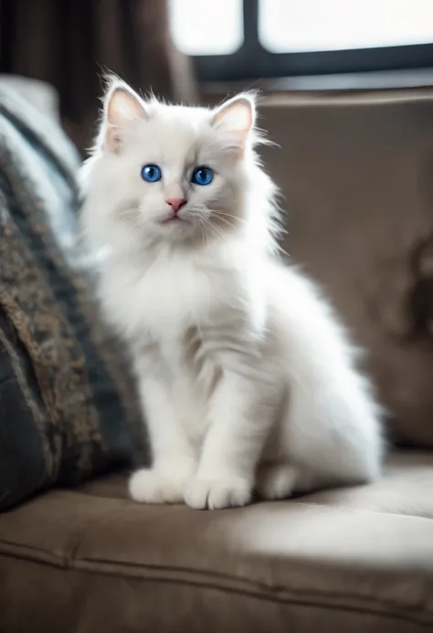 White ragdoll kitten with blue eyes and beautiful fur sitting on sofa. Kittens are interested in books、Affectionate.