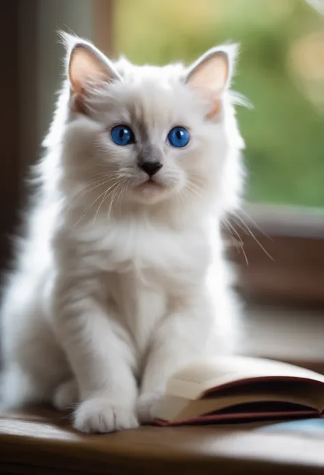 White ragdoll kitten with blue eyes and beautiful fur sitting on sofa. Kittens are interested in books、Affectionate.