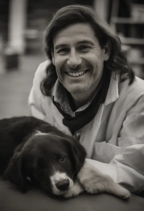 Veterinario mirando los dientes de un cachorro. The vet is in his 40s and smiling. El fondo de una consulta veterinaria