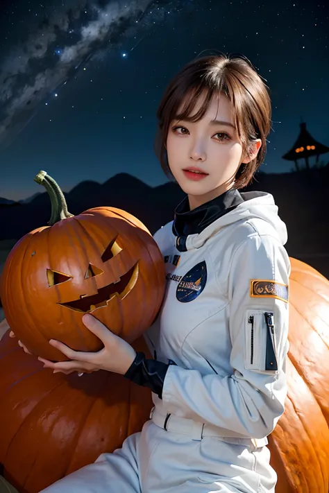 top-quality、​masterpiece、超A high resolution、(realisitic:1.4)、Beautuful Women１、Beautiful detail eyes and skin、ssmile、Light brown short-cut hair、The perfect spacesuit、spaceships、cosmic space、Giant pumpkin、the bats、Halloween、