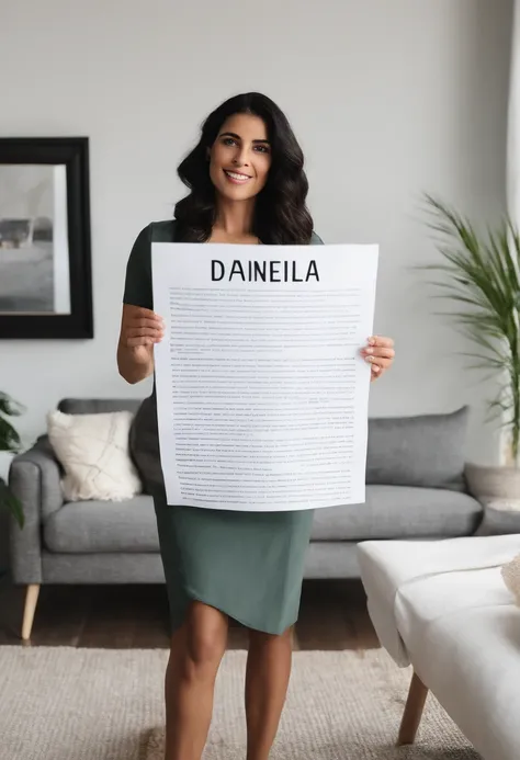 Create an image of a 30-year-old woman standing in her living room, holding a piece of paper that reads Daniela, daniela_loaiza23 avec le code 429906. Make sure the womans head and the hand holding the paper are clearly visible in the frame. She has long w...