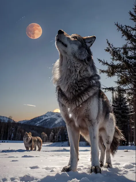 Wolf standing in the snow looks up, photo of wolf, howling, wolf, Wolp, Great Wolf, lone wolf, Howl of the Red Moon, Wolf in the snowfield, wolves, wolves and their treasures, wolf howling at full moon, Wolf howling in the red moon, Dark Grey Wolf, Lobo,