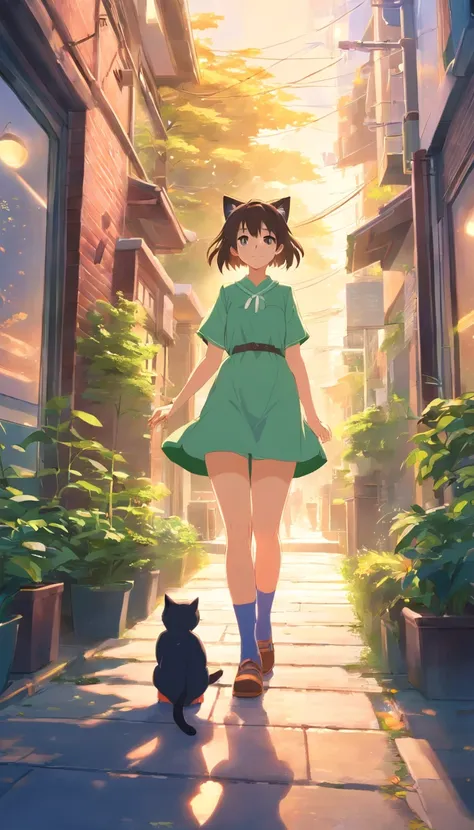 best qualtiy， tmasterpiece， 超高分辨率， realisticlying， 1 girl， Cute dress，Cat ears，Leg socks，leather shoes，Maple Grove，，ssmile，wide angles